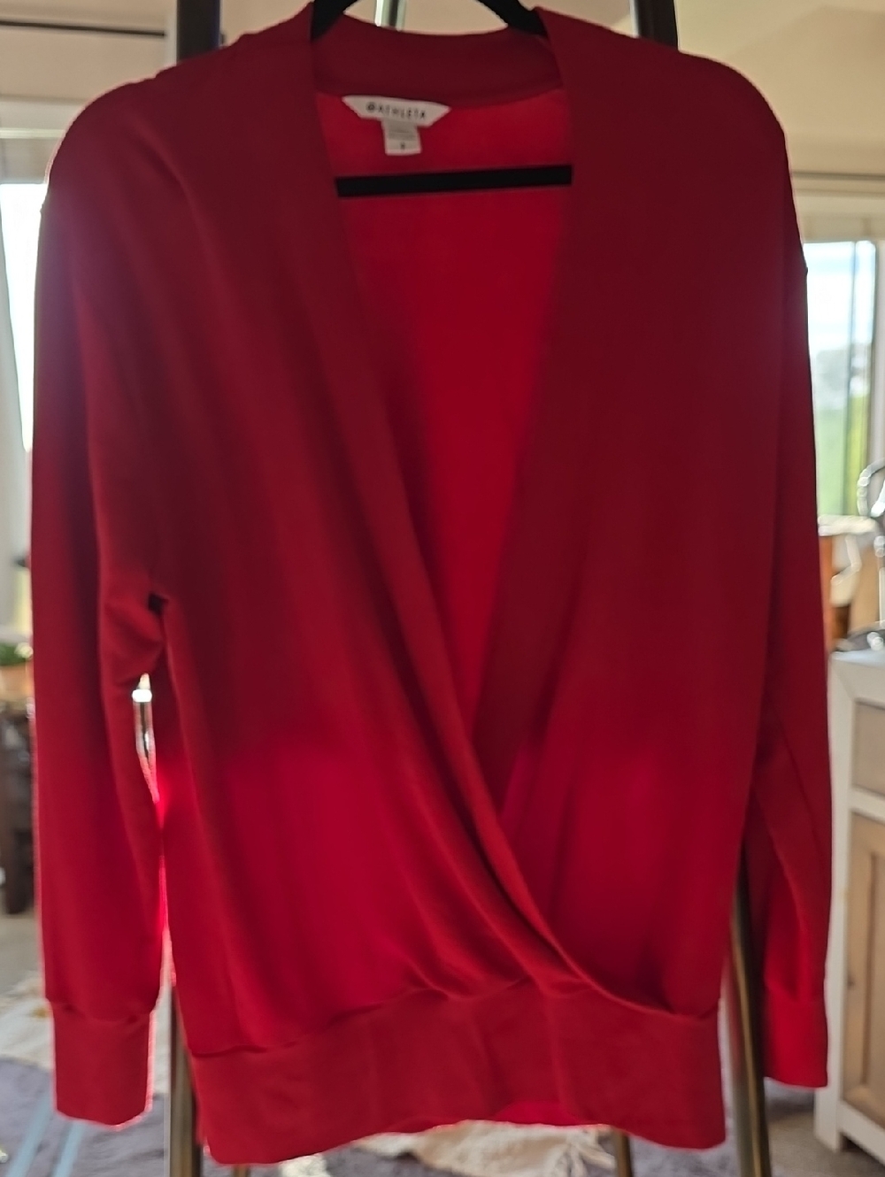 Athleta Crimson Red V-Neck Draped Faux Wrap Sweater Size Small Relaxed Fit